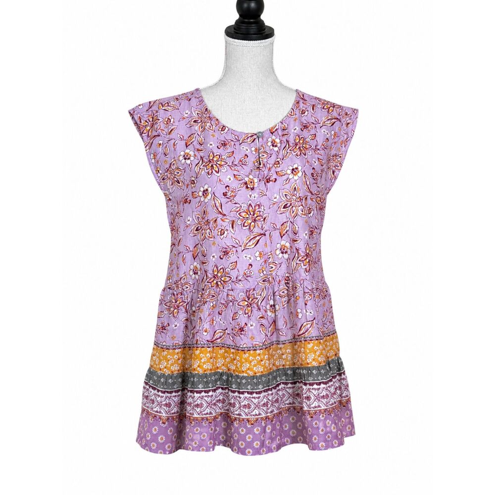 BEACHLUNCHLOUNGE FLORAL/MIXED PRINT TIERED INSPIRED CAP SLEEVE FLOWY COTTON TOP